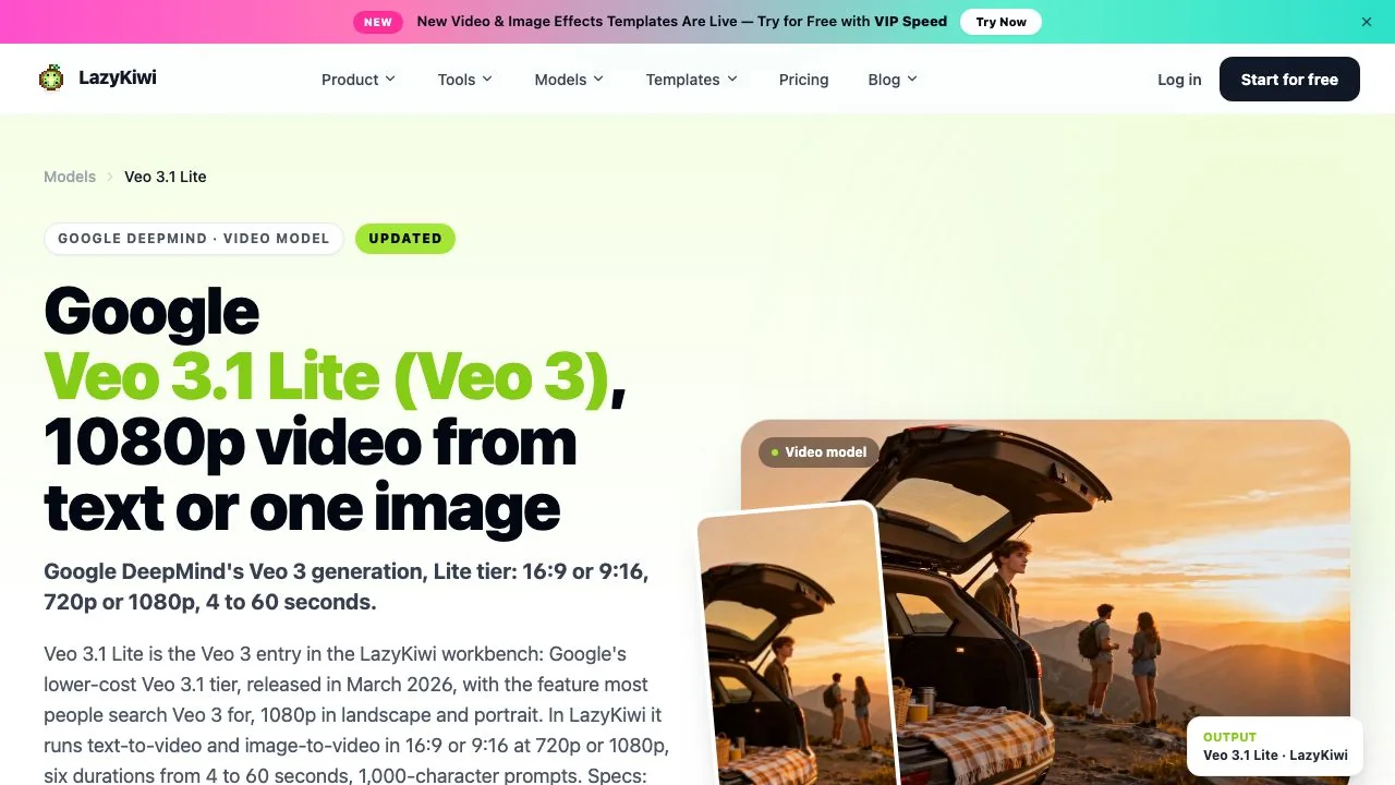 The Veo 3.1 Lite page on LazyKiwi, which states 16:9 or 9:16, 720p or 1080p and 4 to 60 seconds for text-to-video and image-to-video.