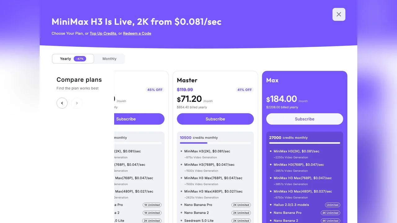 Hailuo's plan modal on 15 October 2026 with yearly billing: Master $71.20 and Max $184 a month, with per-second prices for MiniMax H3 at 2K and 768p.