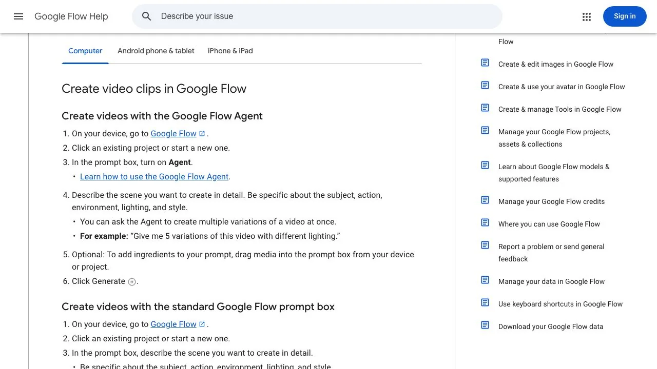 The Create videos in Google Flow article: the Agent route (turn on Agent, describe the scene, drag in ingredients, Generate) followed by the standard prompt box route.