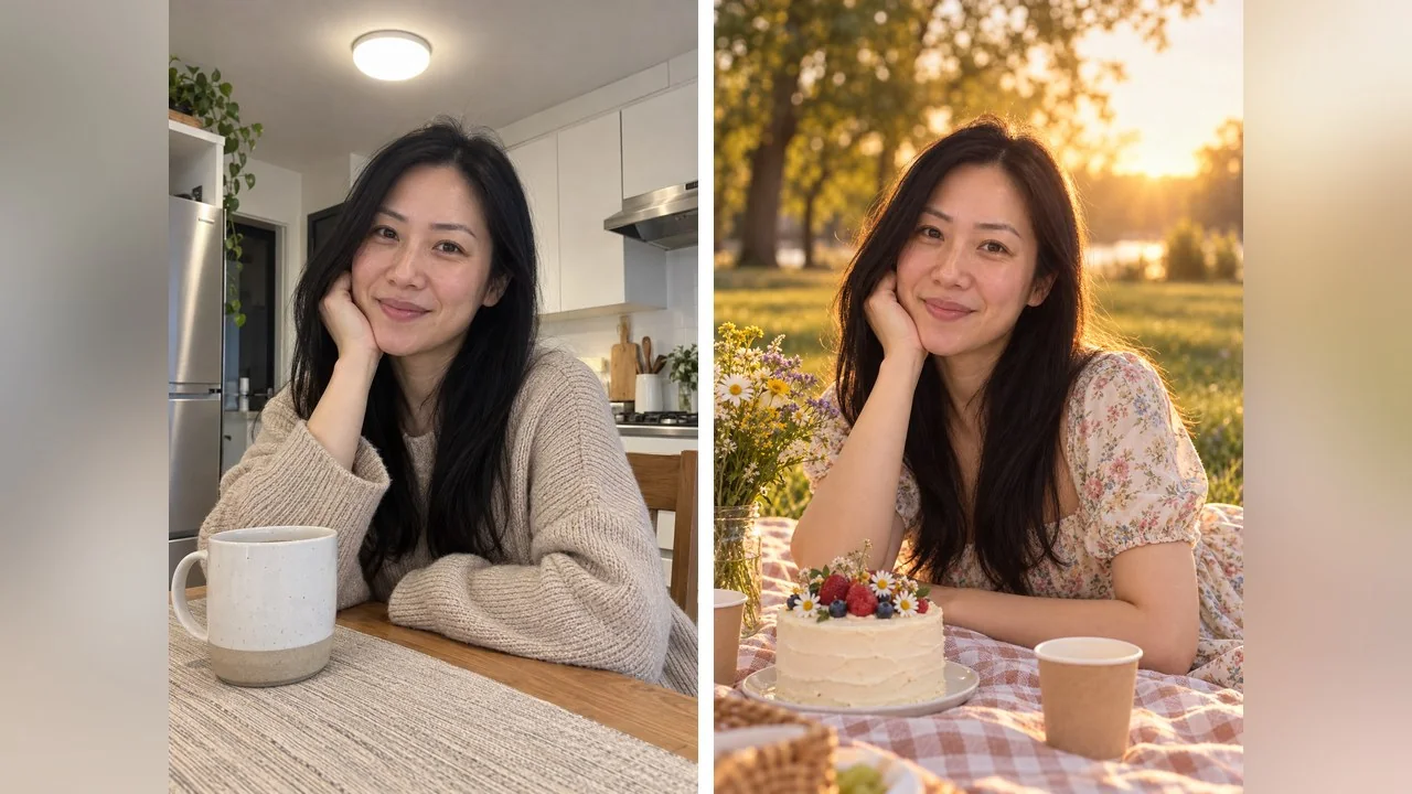 Picnic render: a checked blanket, a berry-topped cake, wildflowers, paper cups and a backlit park at golden hour, the sweater swapped for a floral dress. The hand-on-cheek pose is kept once more.