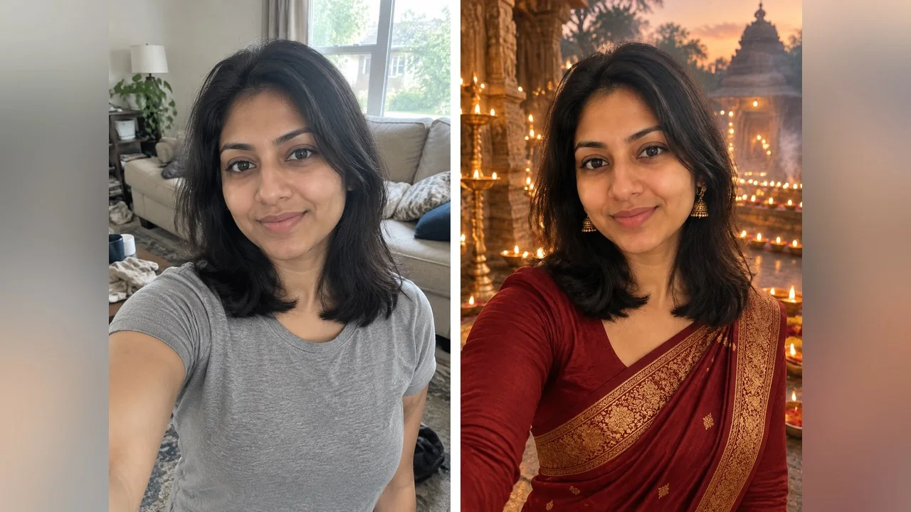Prompt 23, the festival Vikas look: a deep-red silk saree with a full-sleeve blouse, a temple courtyard lit by oil lamps and a warm glowing grade. The woman's face and hairstyle match her living-room selfie.