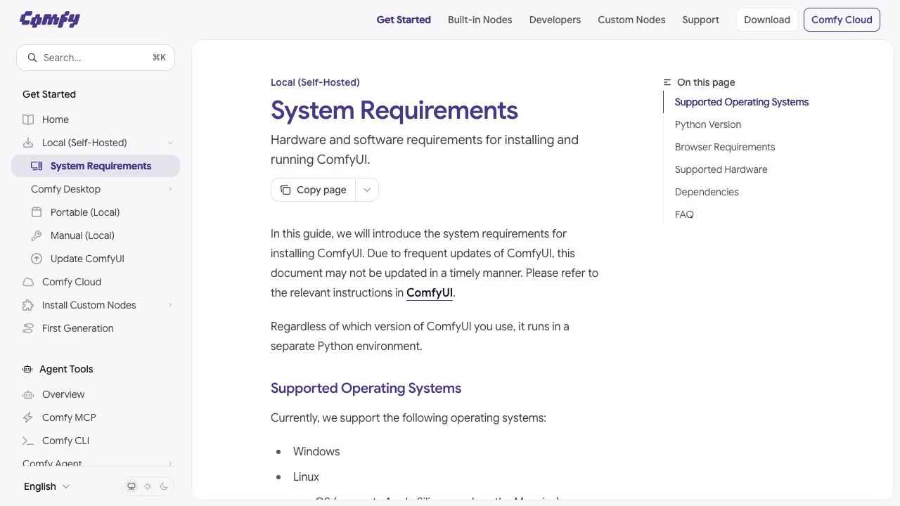 The System Requirements page in the ComfyUI docs, with sections for operating systems, Python version, browser, hardware and dependencies (screenshot taken 15 October 2026).
