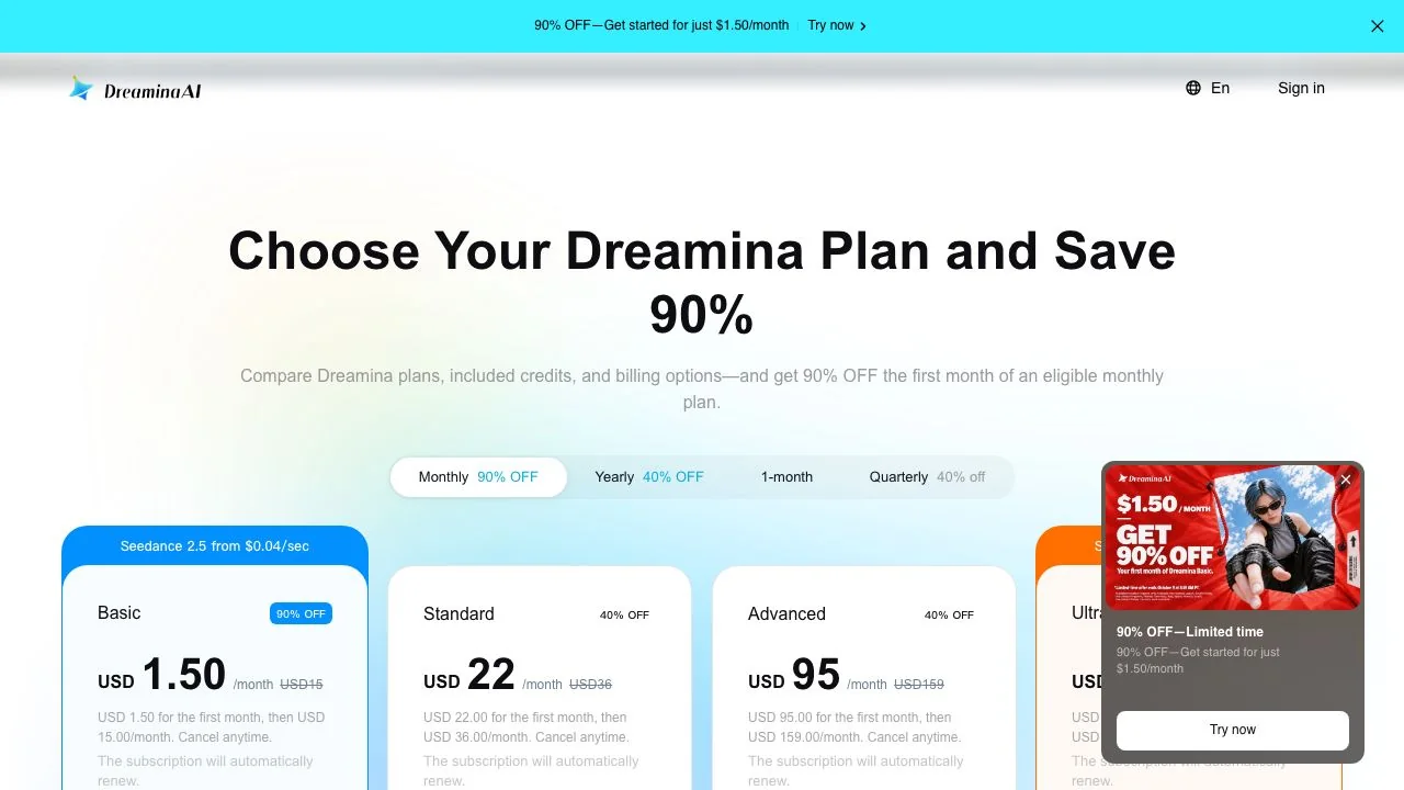The Dreamina pricing page with the monthly toggle active: Basic at USD 1.50 for the first month, then USD 15, next to Standard, Advanced and Ultra.