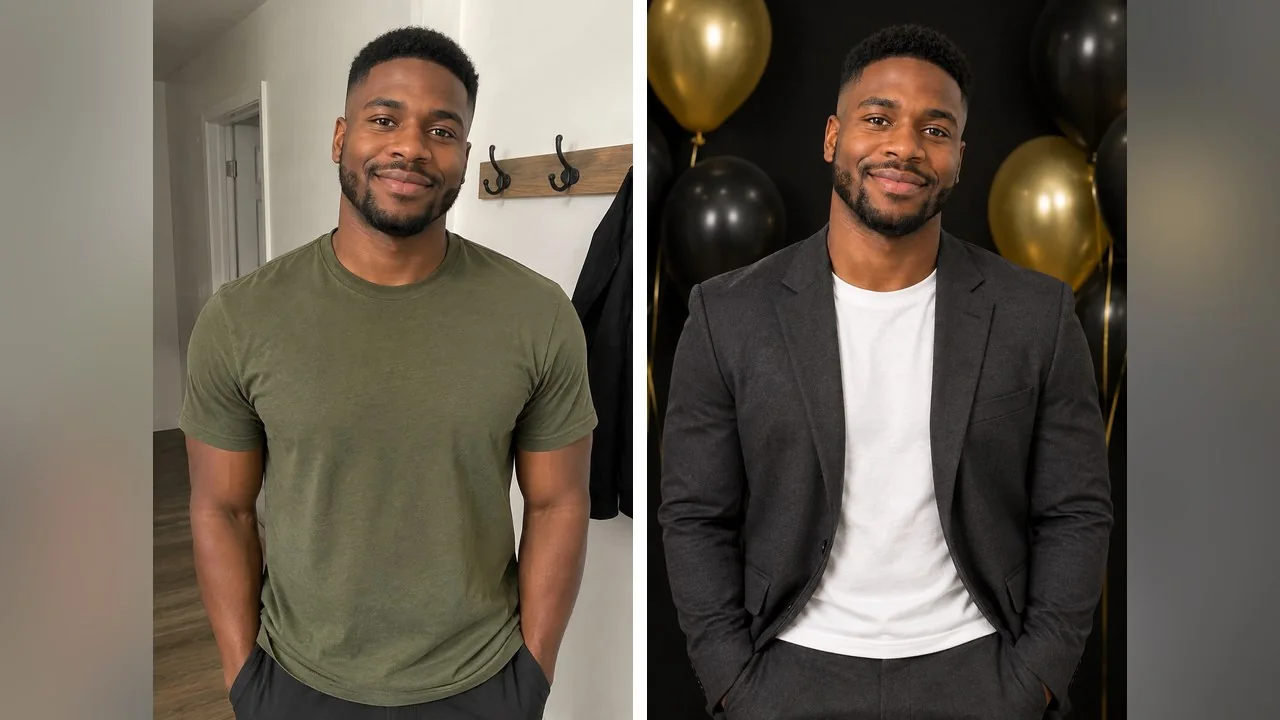 Black and gold studio render from the hallway picture of our invented man: matte black and gold balloons, a charcoal jacket over a white tee and a single side light. Beard and fade haircut are untouched.