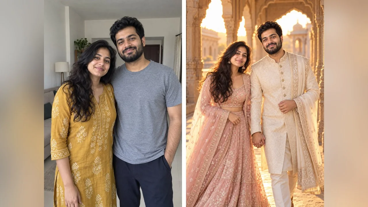 Palace render: a sandstone corridor lit from behind, a pastel pink lehenga with a sheer dupatta for her and an ivory sherwani for him. Compare both faces with the grey t-shirt picture on the left.