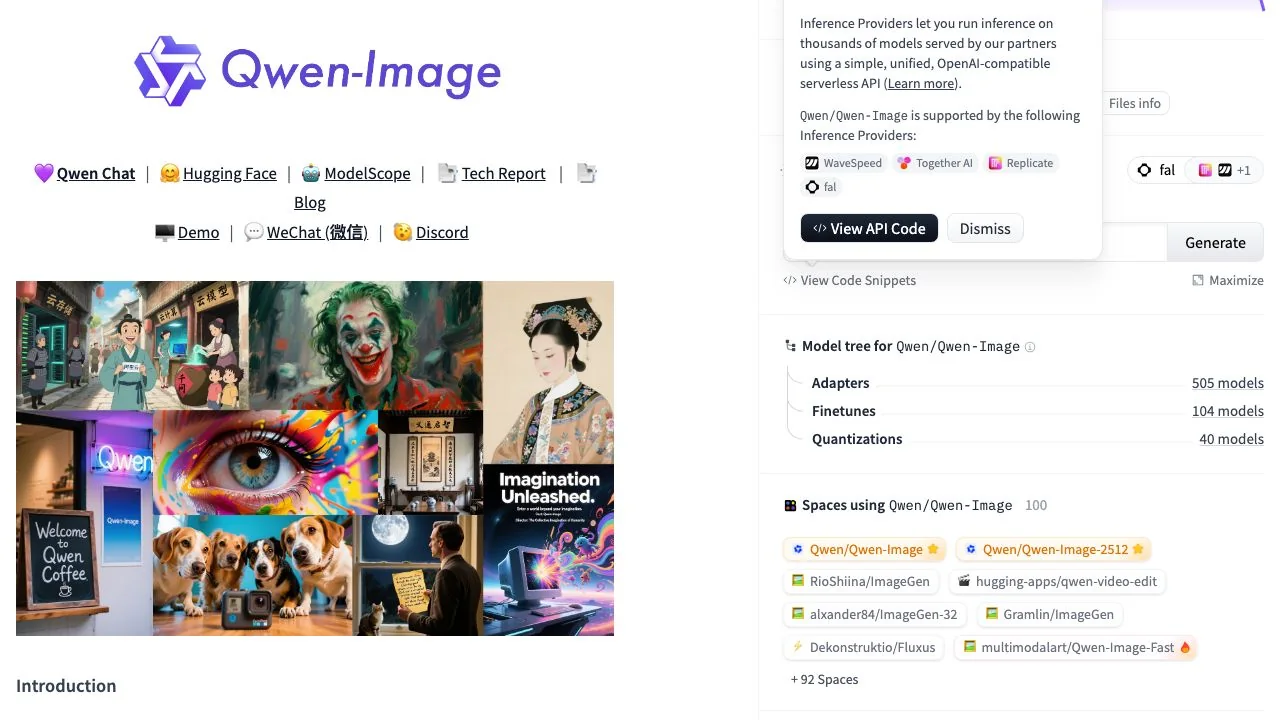 The Qwen/Qwen-Image model card on Hugging Face: the sample grid, the Demo link, the Inference Providers list (WaveSpeed, Together AI, Replicate, fal) and the Spaces that run the model.