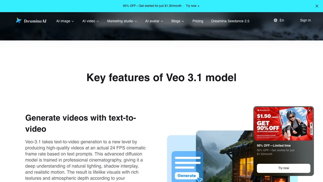 Dreamina's Veo 3.1 page, which shows Google's model as a selectable option next to the Seedance family.
