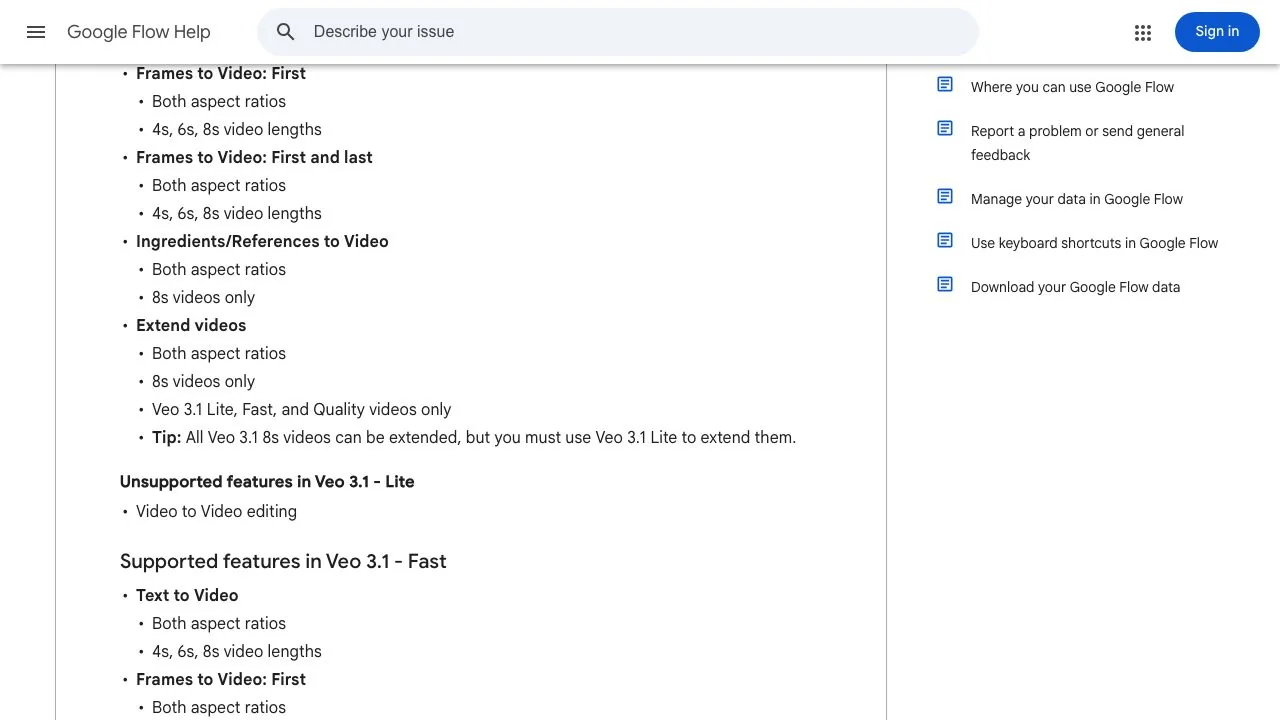 The models and features article in the Help Center, which lists for each model whether text, frames, ingredients and extend are supported and at which lengths.