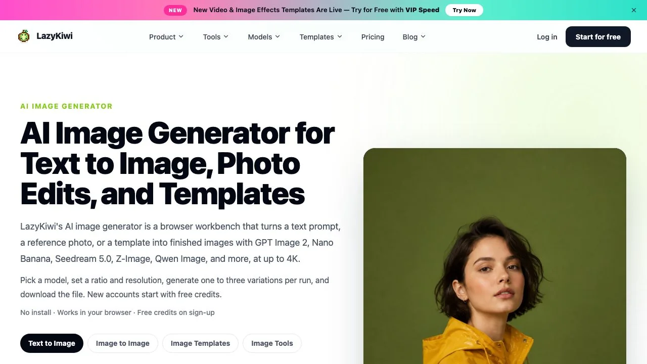 LazyKiwi's image generator landing page on 15 October 2026, listing the open and proprietary models available in the browser workbench.
