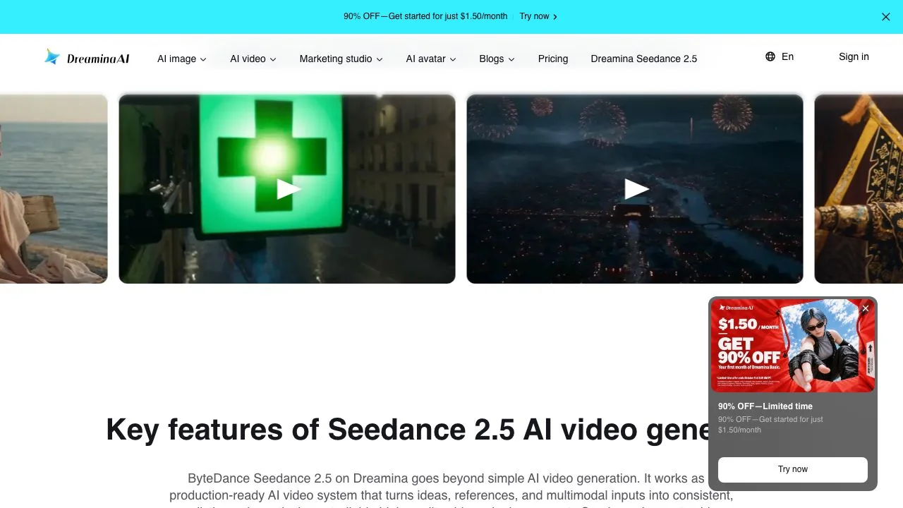 The Seedance 2.5 page on Dreamina: sample clips at the top and the Key features section, which describes 30-second generation, 50 references and 4K output.