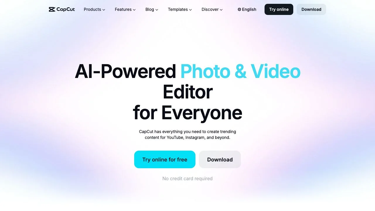 The CapCut homepage on 15 October 2026. Its Products menu lists Dreamina as an image and video maker, and the feature list names Dreamina Seedance 2.5.