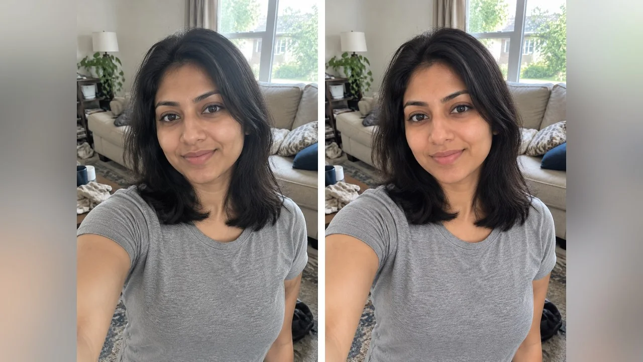 Prompt 1 on the woman's photo: the shine on the forehead and the under-eye shadows are reduced and the stray hairs are gone, while the skin texture and the room stay as they were. Before on the left, after on the right.