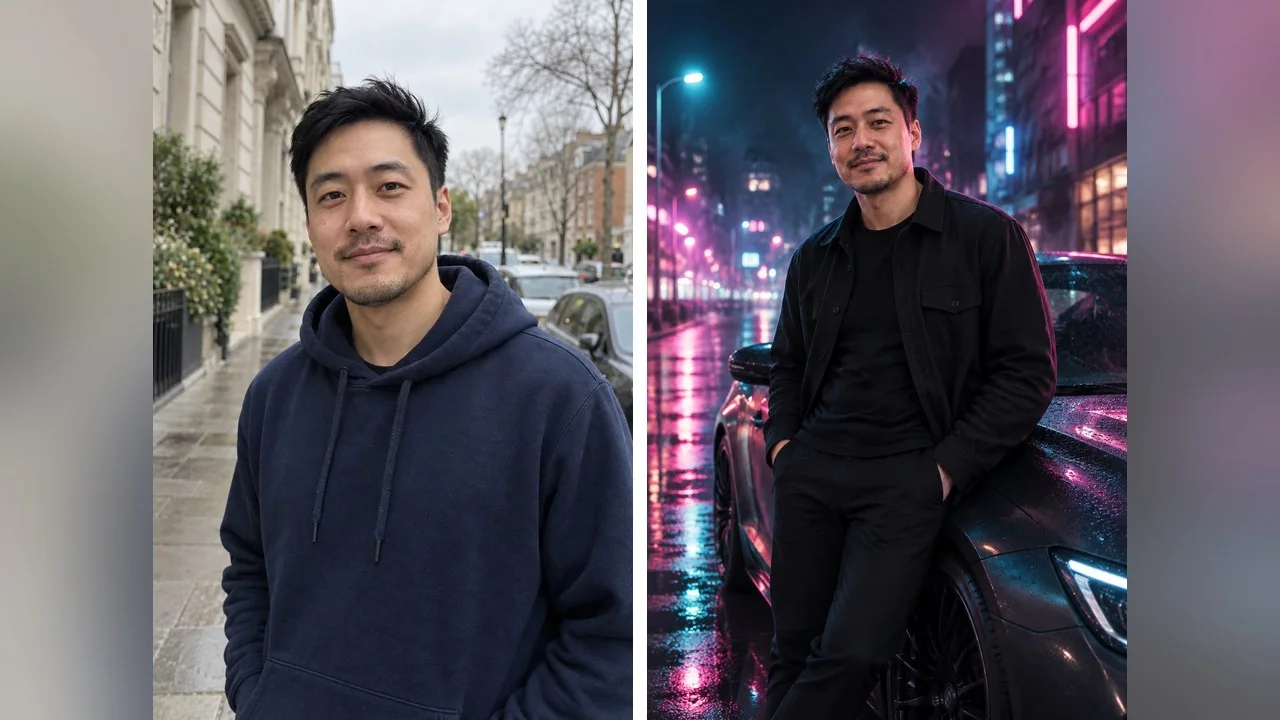 Prompt 21, the night-street Vikas look: a matte sports car with no badges, neon reflections in the wet road, teal and magenta light and an all-black outfit. The man's face, hair and stubble are the same as in the hoodie photo.
