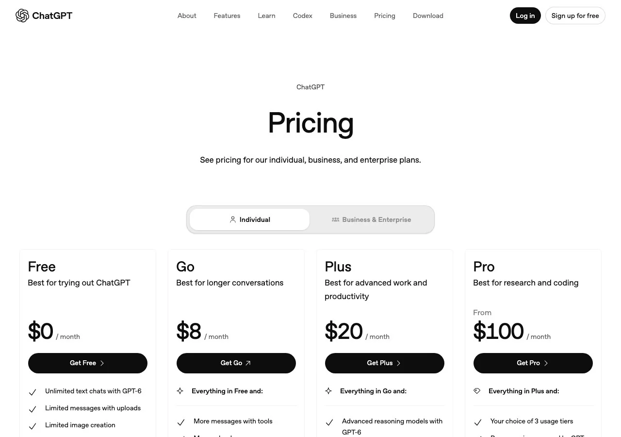 ChatGPT's pricing page on 15 October 2026: Free $0 with limited image creation, Go $8, Plus $20, Pro from $100 a month.