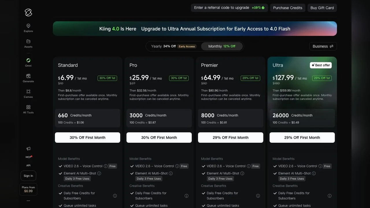 Kling's membership page on 15 October 2026 with the monthly toggle: Standard $6.99 for the first month then $8.80, Pro $25.99 then $32.56, Premier $64.99 then $80.96, Ultra $127.99 then $159.99.