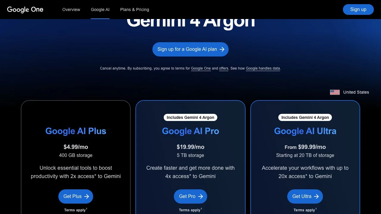 The Google One AI plans page on 15 October 2026: Google AI Plus at $4.99, Pro at $19.99 and Ultra from $99.99 a month, with Flow credits listed further down the page.