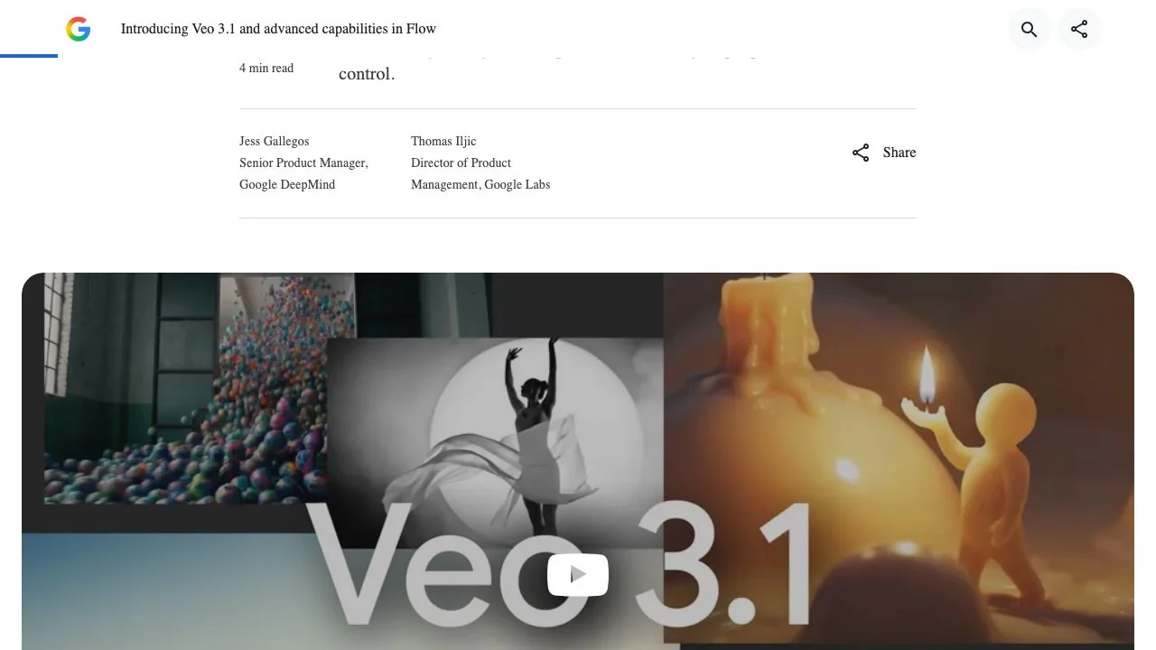 The header of Google's October 2025 post Introducing Veo 3.1 and advanced capabilities in Flow, which announced Ingredients to Video, Frames to Video and Extend with audio, plus Insert and Remove.
