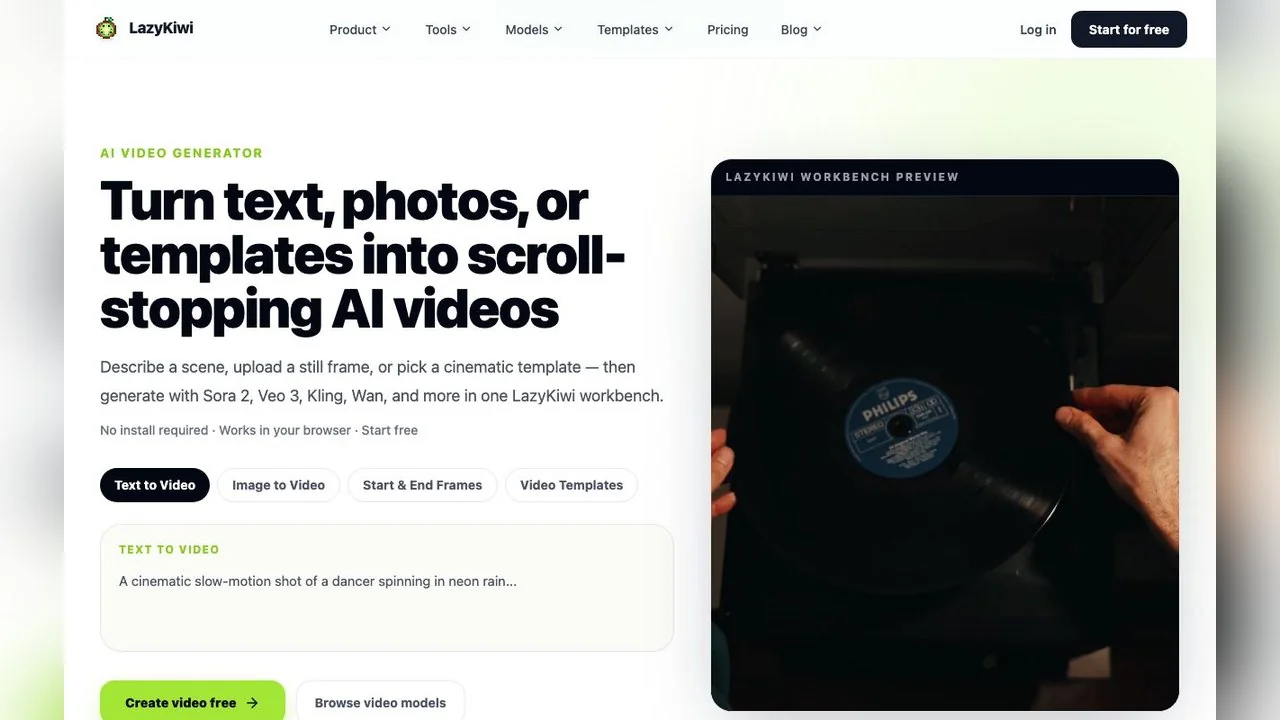 LazyKiwi's video generator page, the first Higgsfield free alternative in our table: text to video, image to video, start and end frames and templates in one workbench.