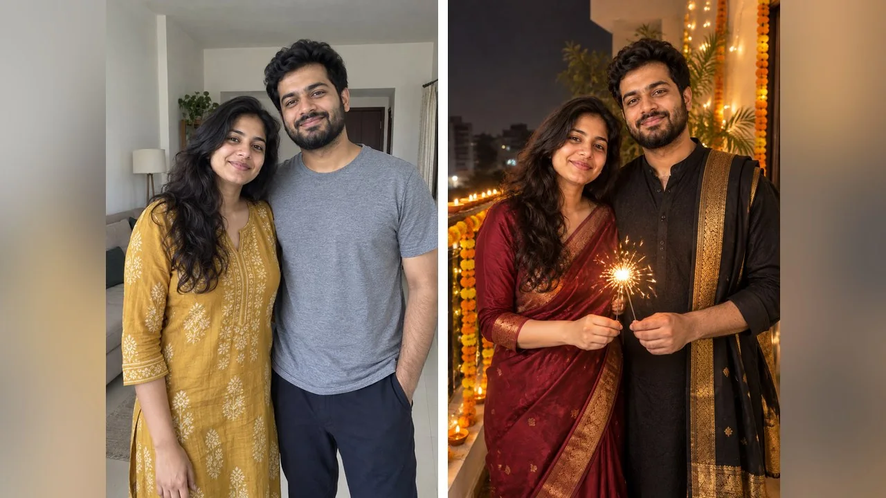 Diwali render: a balcony with clay lamps and marigold strings, a maroon silk saree with a full-sleeve blouse, a black kurta with a gold-bordered shawl and one sparkler held by both. The faces are the living-room ones.
