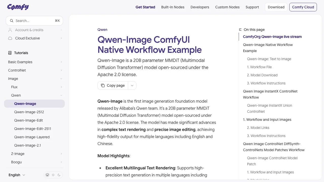 The Qwen-Image workflow tutorial in the ComfyUI docs: a 20B-parameter model under the Apache 2.0 licence, with separate pages for the Edit, Layered and 2512 variants.