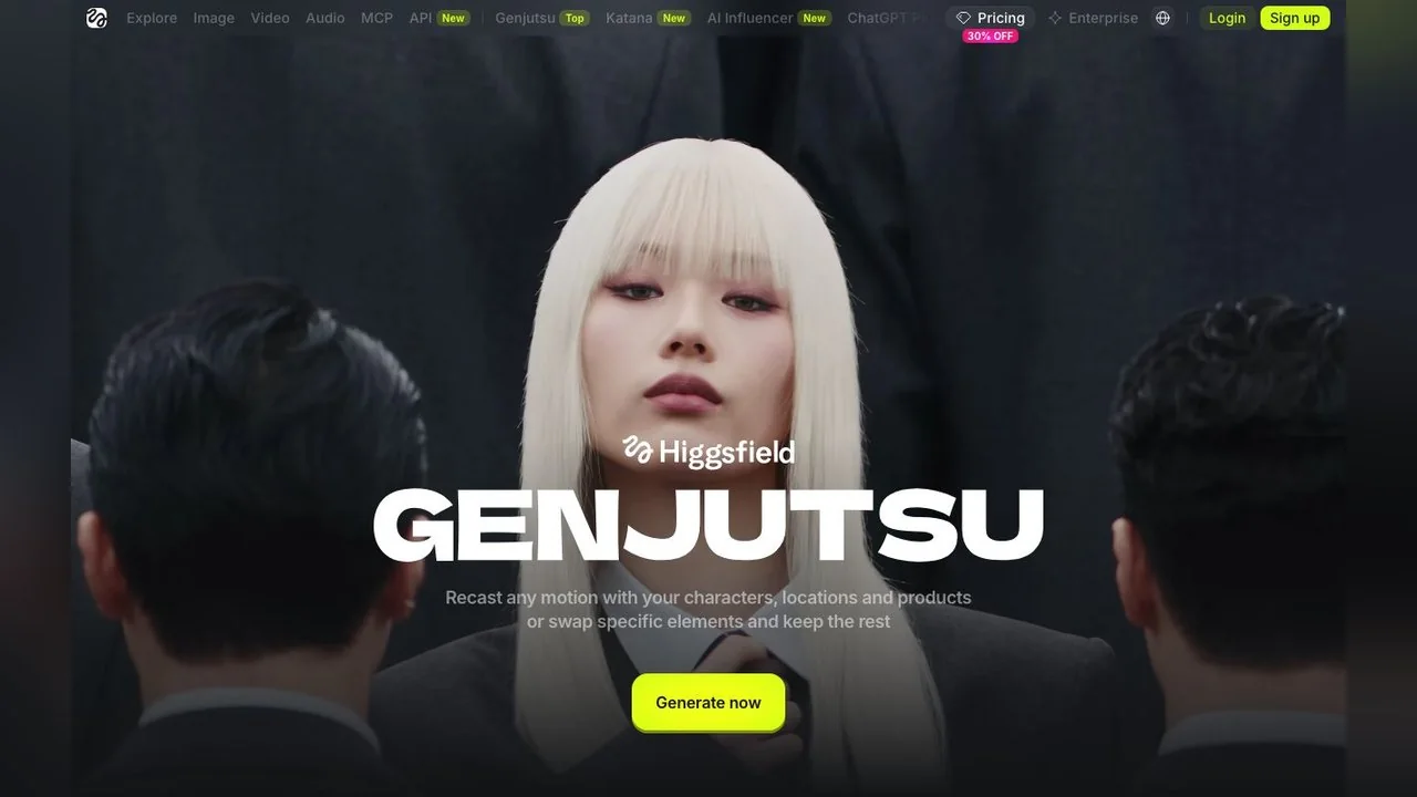 The Higgsfield Genjutsu product page on 15 October 2026, with the tool pinned in the top navigation next to Katana and AI Influencer.