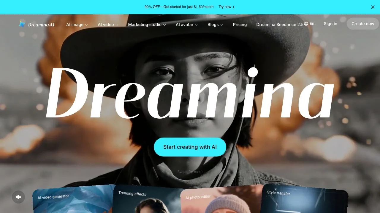The Dreamina homepage on 15 October 2026, with the 90% OFF banner, the top navigation (AI image, AI video, Marketing studio, AI avatar, Pricing, Dreamina Seedance 2.5) and the Start creating with AI button.