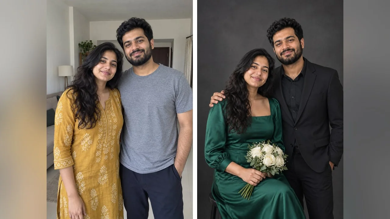 Anniversary render: a dark grey studio, a single soft light, an emerald satin gown with sleeves, a black suit, white roses on her lap and his hand on her shoulder. The calm expressions were asked for and delivered.