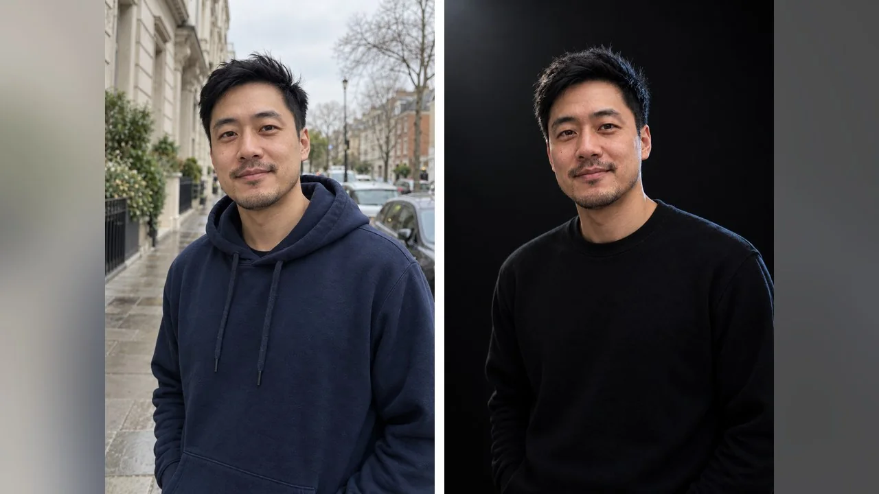 Prompt 15: the street becomes a black studio with one soft key light and a cool rim light on the shoulder and hair, and the hoodie becomes a plain black crew-neck. Face and stubble match the original.