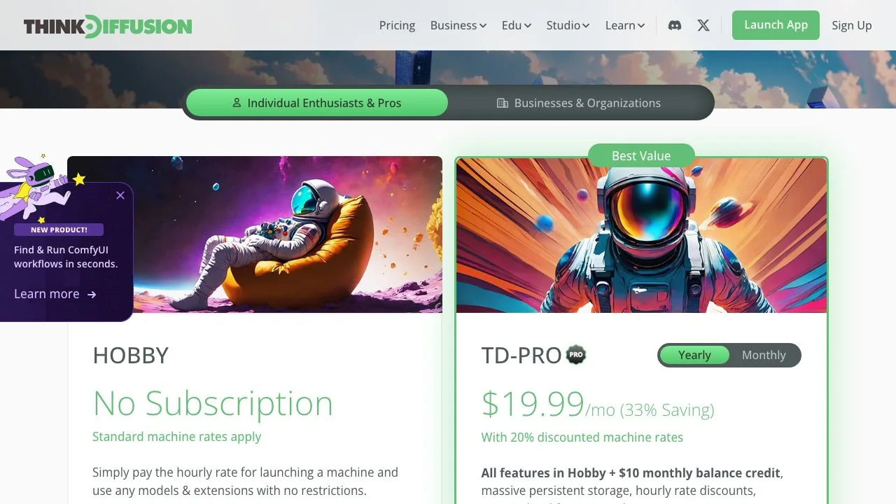 ThinkDiffusion's pricing page with the HOBBY pay-as-you-go tier and TD-PRO at $19.99 a month on yearly billing.