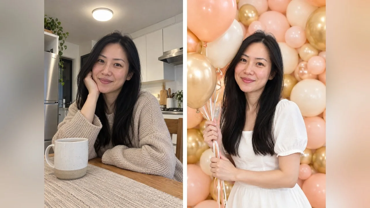 Balloon wall render: peach, cream and gold balloons floor to ceiling, a bunch on ribbons in one hand and a simple white dress. Long hair and smile match the sweater picture on the left.