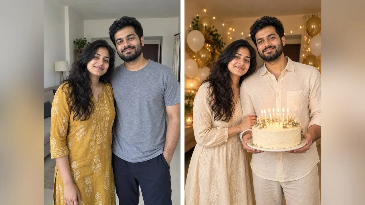 Couple birthday render from the living-room picture of our invented pair: fairy lights, balloons, a candle-lit cake held by him and cream outfits for both. The beard and the wavy hair come straight from the left-hand picture.