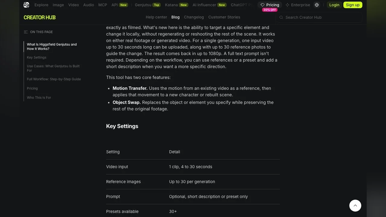 Key Settings from Higgsfield's Genjutsu explainer: up to 30 reference images per generation, an optional prompt, 30+ presets and output up to 1080p.