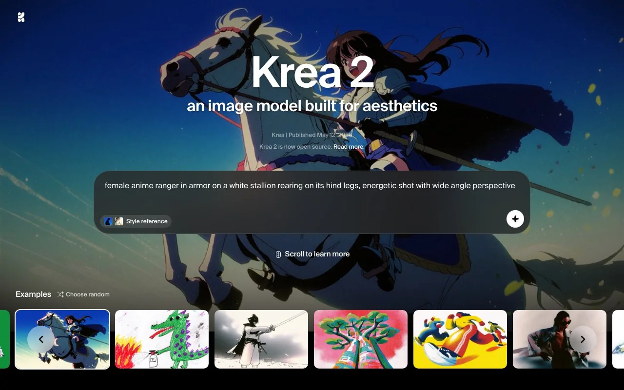 Krea's Krea 2 model page, captured October 15, 2026: an image model built for aesthetics, with style references and moodboards, now open source.