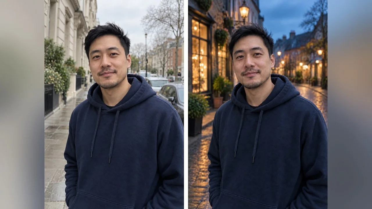 Prompt 6 on the man's photo: the overcast pavement becomes a cobbled street with glowing shop windows, and the light on his face cools slightly to match the dusk. Hoodie and expression are unchanged.