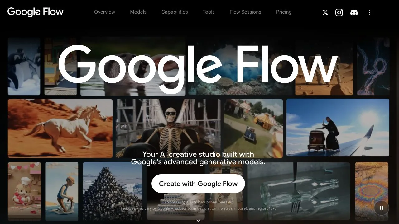 The flow.google.com hero on 15 October 2026: Google Flow, described as your AI creative studio built with Google's advanced generative models, with the note that features vary by subscription tier, platform and region and that users must be 18+.