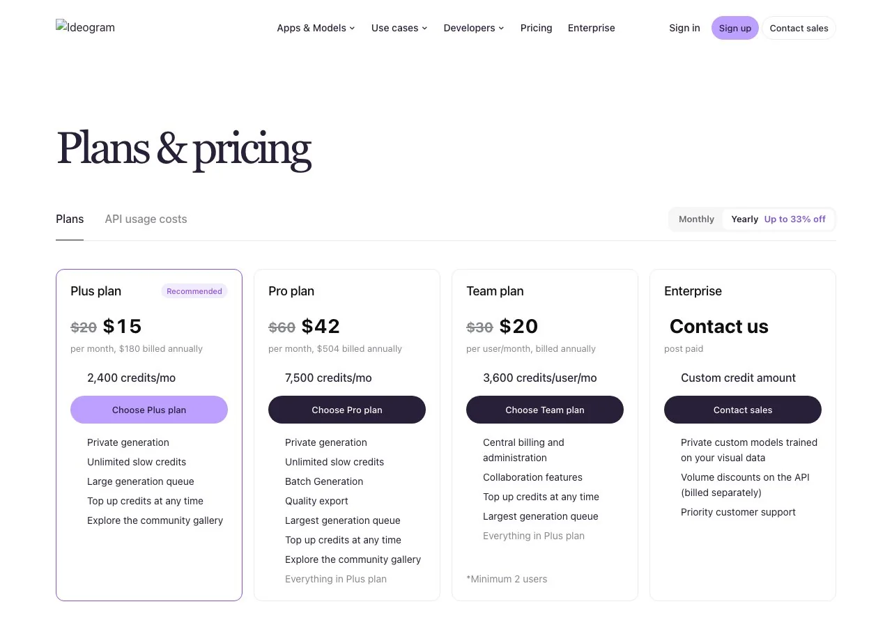Ideogram's plan cards, captured 15.10.2026: the three paid tiers with monthly and annual prices.
