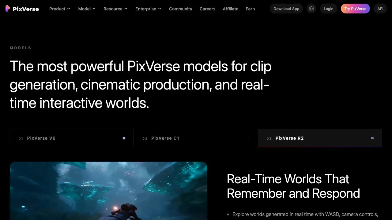The Models section of the official PixVerse site with its three tabs, V6, C1 and R2, and the real-time worlds pitch for R2.