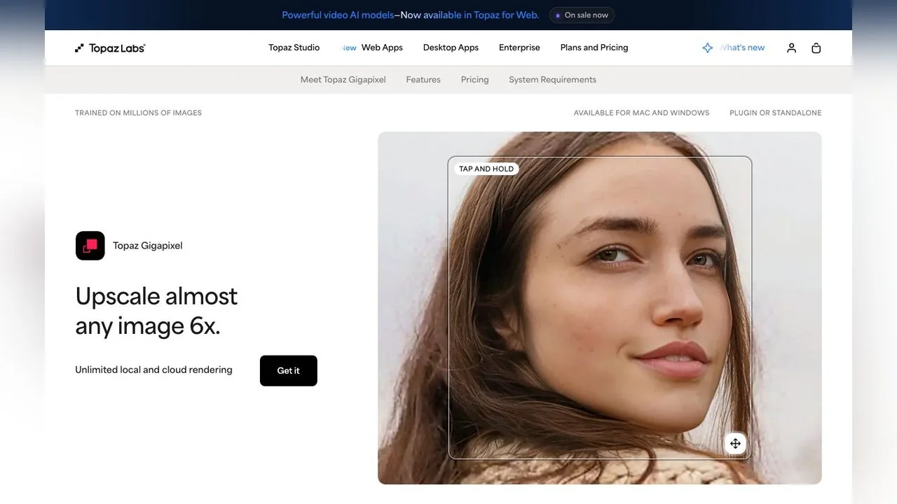 Topaz Gigapixel's product page on 15 October 2026: desktop and plugin upscaling with subscription pricing.