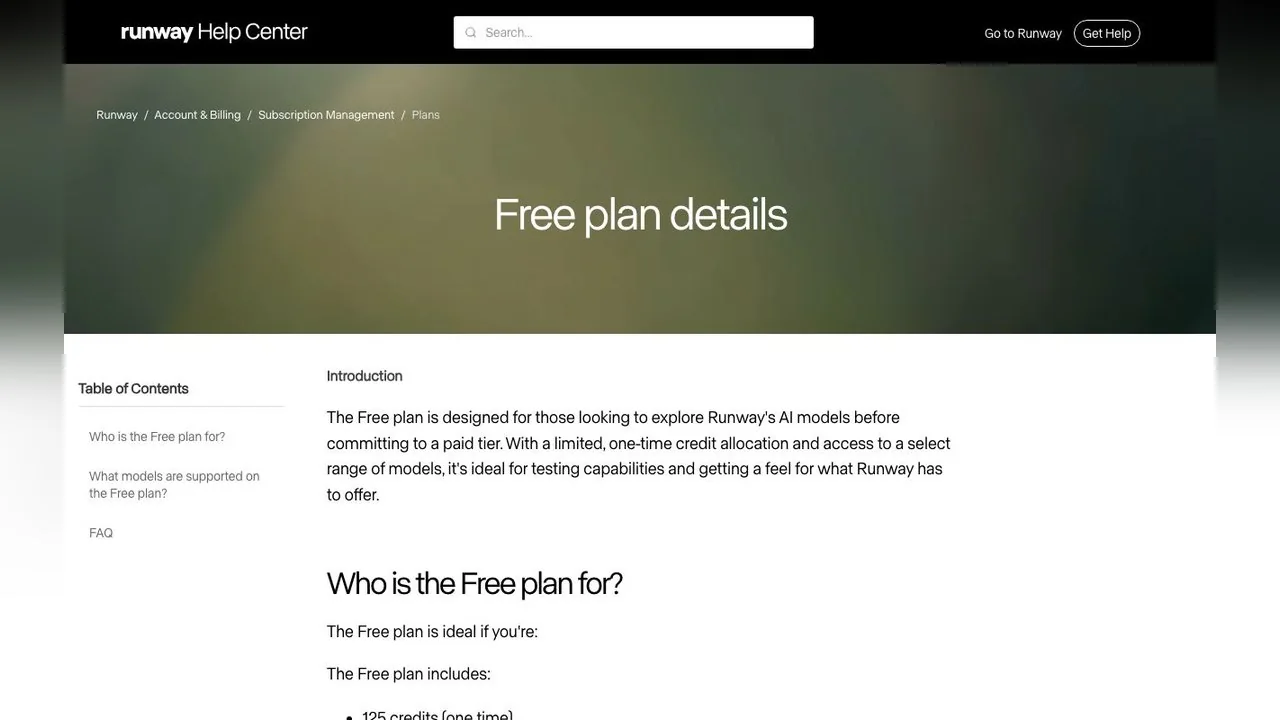 Runway's help-centre article on the Free plan as read on October 15, 2026: a 125-credit grant made once, 5 GB for assets and a short model list.