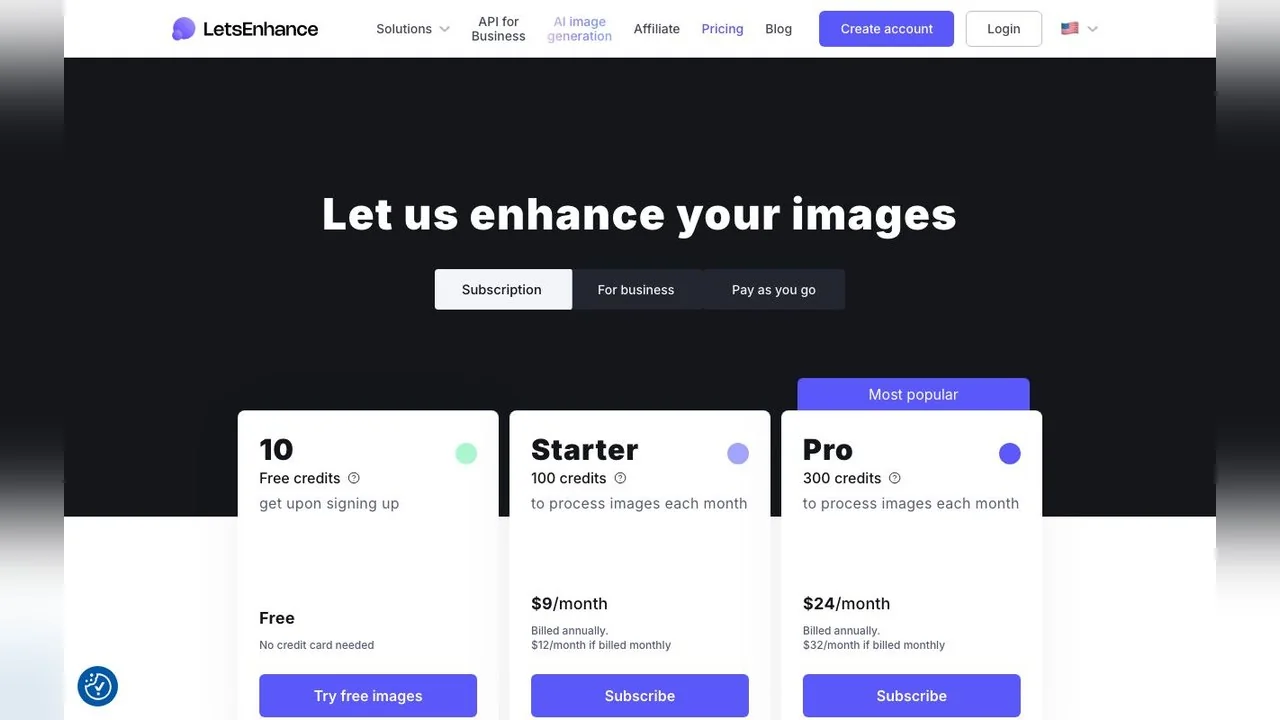 Let's Enhance pricing on 15 October 2026: ten free credits with a watermark, then Starter, Pro and Max plans priced per month with annual billing.