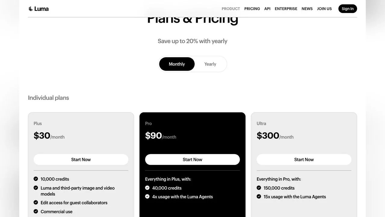 Luma's three individual tiers, October 15, 2026: Plus $30 (10,000 credits), Pro $90 (40,000) and Ultra $300 (150,000).