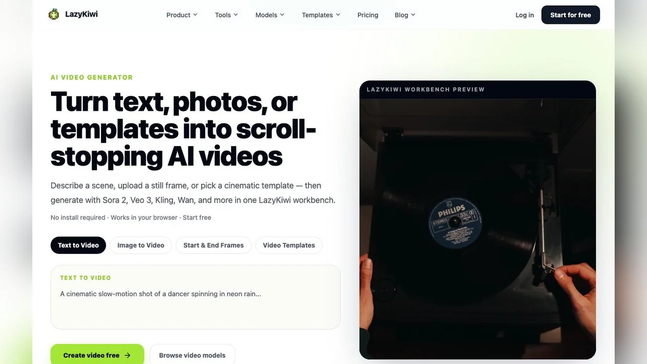 The LazyKiwi video generator as it looked on October 15, 2026: text, image and start-and-end-frame modes with a model picker, pitched here as the Runway Gen-4 alternative for people who do not want a subscription.