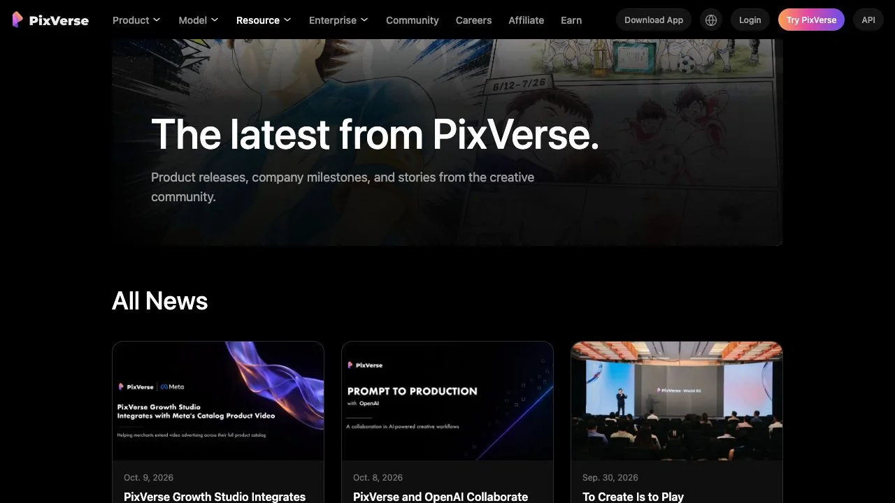 The All News page on the PixVerse site, dated 15 October 2026: the Growth Studio and Meta catalog integration (9 October), the OpenAI collaboration (8 October) and the R2 announcement further down.
