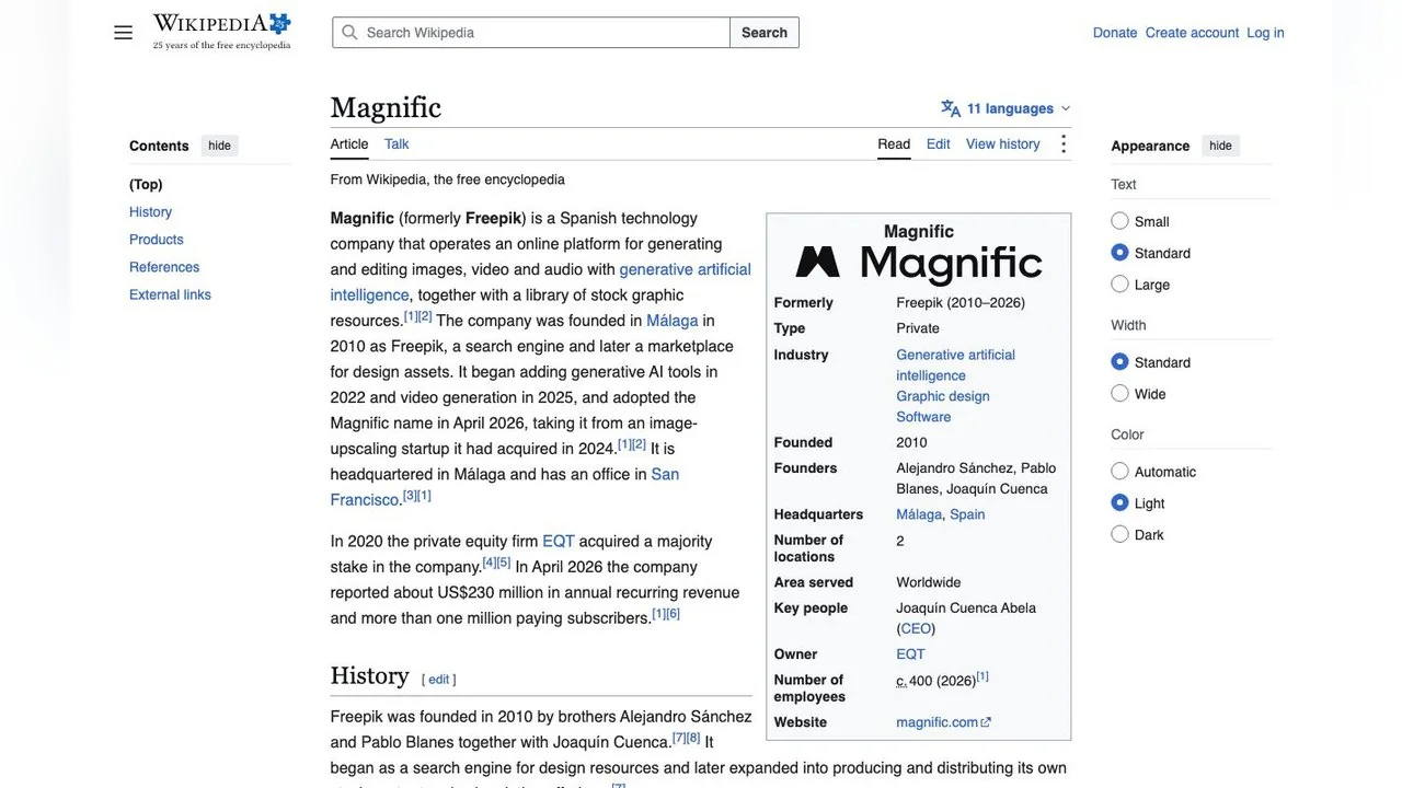 The Wikipedia entry for Magnific on 15 October 2026: a Spanish company founded in 2010 as Freepik, headquartered in Malaga, relaunched under the Magnific name in April 2026.