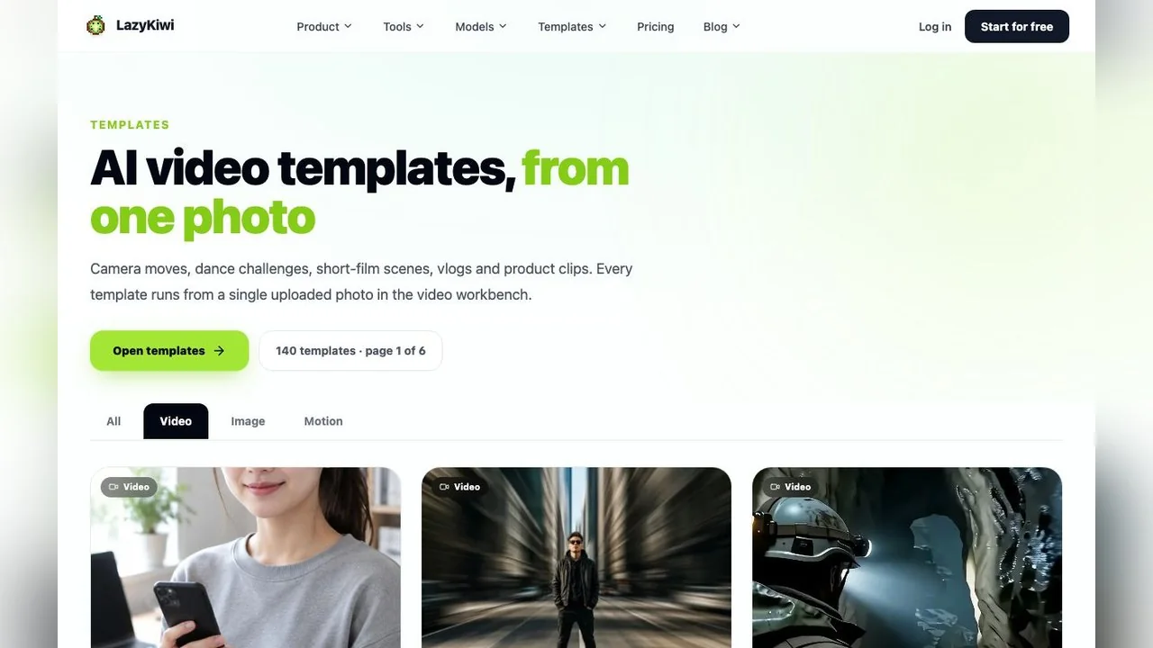 The video template category on lazykiwi.ai, six pages of one-photo effects and camera moves that Runway has no equivalent for.