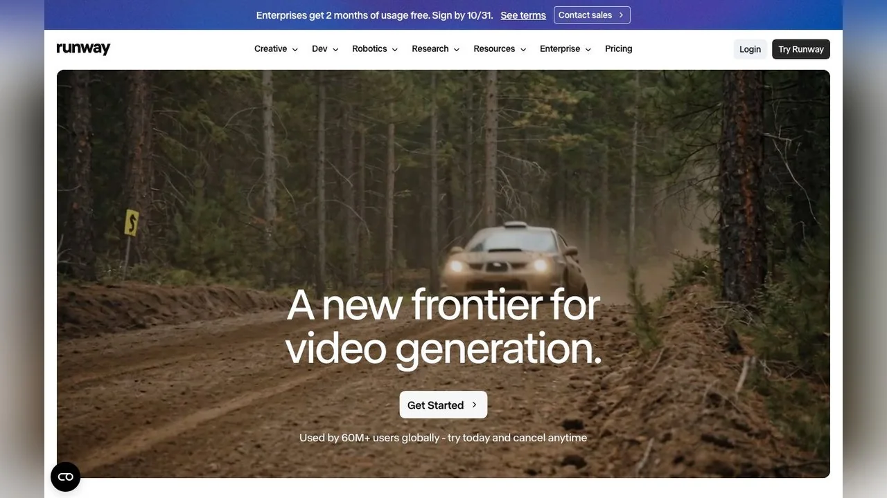Runway's product page on October 15, 2026, listing Gen-4.5, Aleph 2.0 and Edit Studio, Runway Agent, Characters and the Premiere Pro and After Effects plugins.