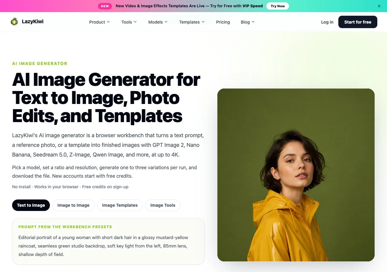 The creation modes on LazyKiwi's generator page, captured 15.10.2026: text to image, image to image, templates plus editing tools, with the six models named.