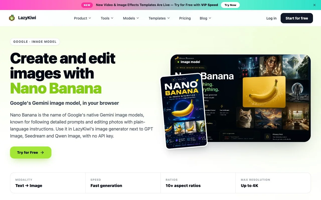 LazyKiwi's Nano Banana model page, read 15 Oct 2026, one of the six models in the image workbench.