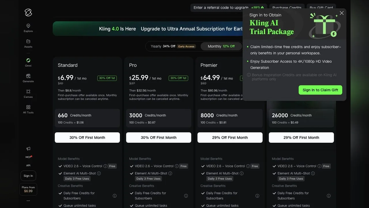 Kling's plan page, October 15, 2026: Standard to Ultra with discounted first months, and a Kling 4.0 banner above them.