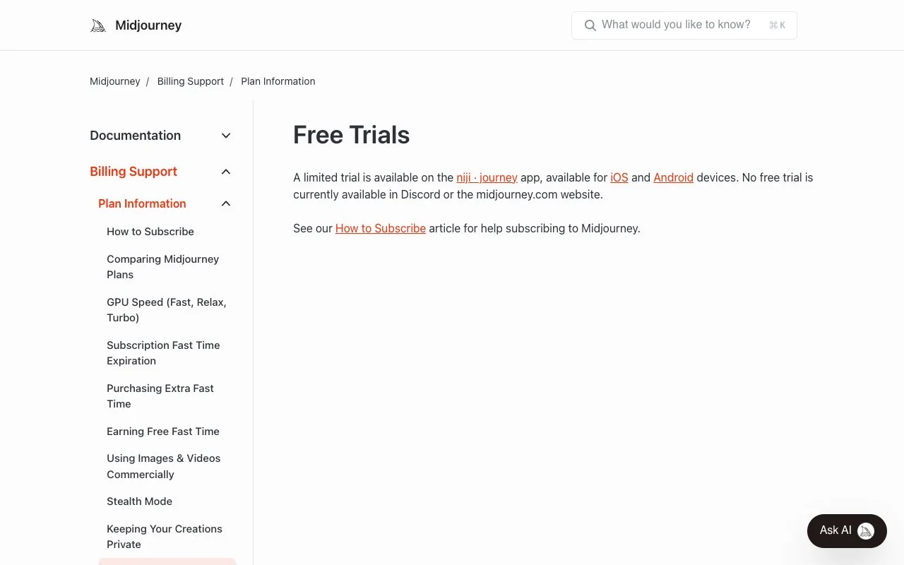 Midjourney's free trials article, read 15 Oct 2026: the only limited trial is in the niji journey app.